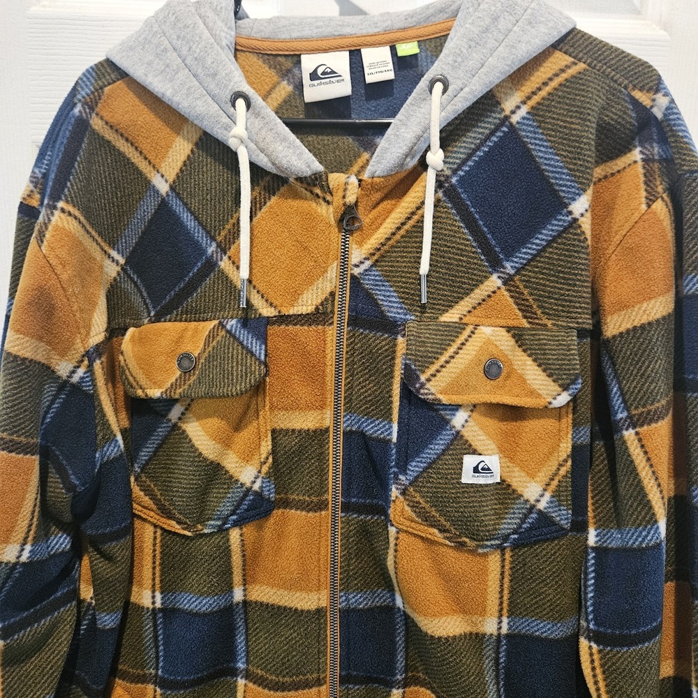Quicksilver Mens Polar Fleece Hooded Plaid Jacket Full Zip Shacket Size XXL